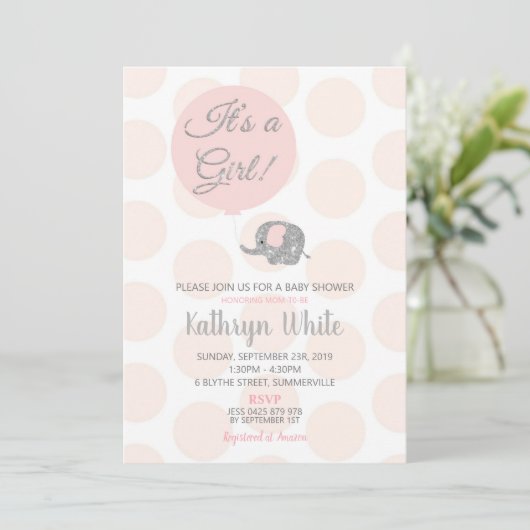 Blush Silver Elephant Baby shower Invitation fille (Debout devant)