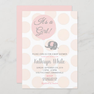 Blush Silver Elephant Baby shower Invitation fille