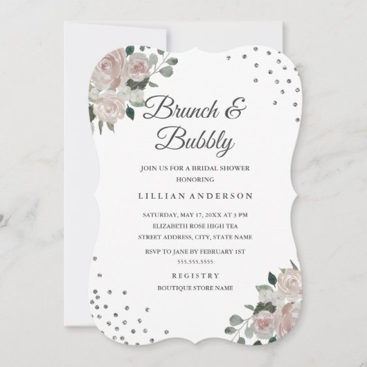 Blush Silver Floral Confetti Brunch en Bubbly Kaart (Voorkant)