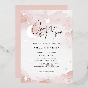 Blush Silver Over the Moon Baby shower Folie Uitnodiging