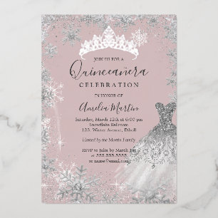 Blush Silver Winter Snowflake Quinceanera Folie Uitnodiging
