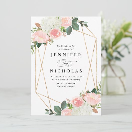 Blush Spring Floral Gold Lijst bruiloft Kaart (Staand voorkant)