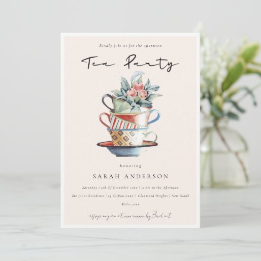 Blush Stapelde bekers vanmiddag Tea Party nodigt u Bedankkaart (Staand voorkant)