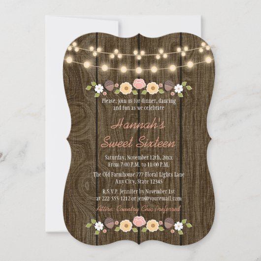 Blush String of Lights Rustic Sweet 16 Kaart (Voorkant)