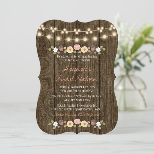 Blush String of Lights Rustic Sweet 16 Kaart (Staand voorkant)