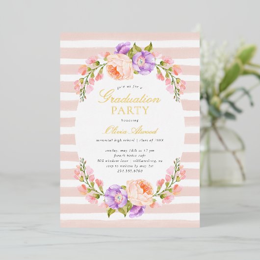 Blush Stripe and Bloom Graduation Party Folie Uitnodiging (Staand Voorkant)