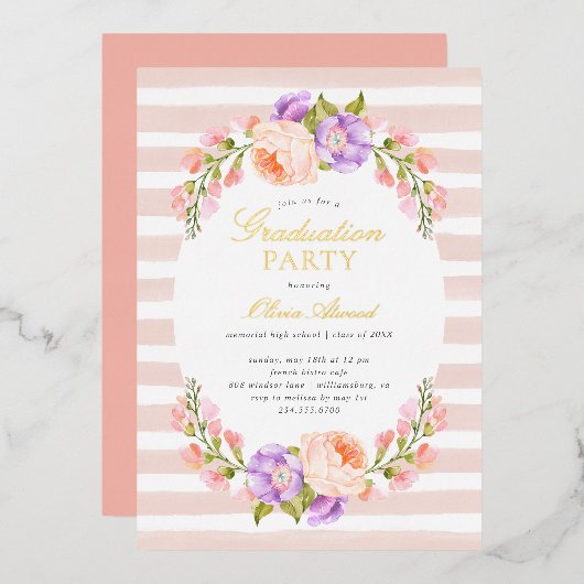 Blush Stripe and Bloom Graduation Party Folie Uitnodiging (Voorkant / Achterkant)
