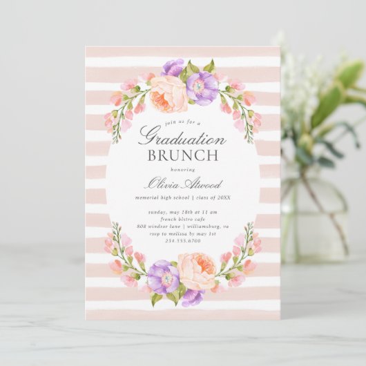 Blush Stripe en Bloom Afstuderen Brunch Kaart (Staand voorkant)