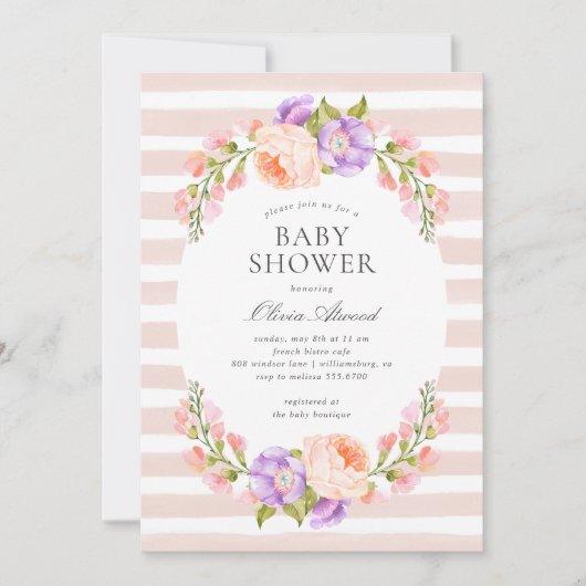 Blush Stripe en Bloom Baby shower Invitation Kaart (Voorkant)