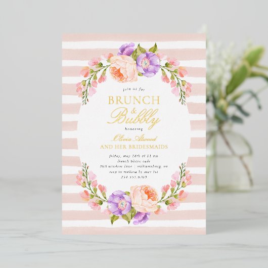 Blush Stripe en Bloom Bridal Brunch en Bubble Folie Uitnodiging (Staand Voorkant)