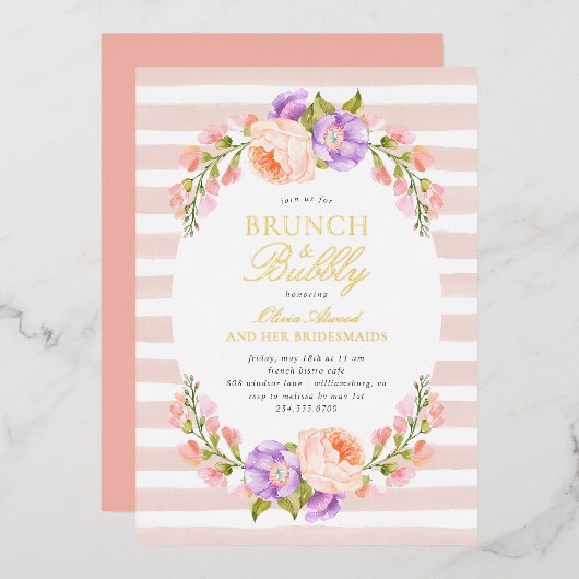 Blush Stripe en Bloom Bridal Brunch en Bubble Folie Uitnodiging (Voorkant / Achterkant)