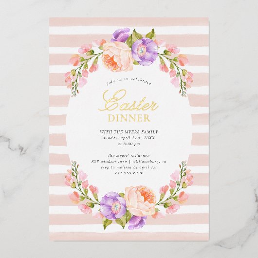 Blush Stripe en Bloom Easter Dinner Party Folie Uitnodiging (Voorkant)