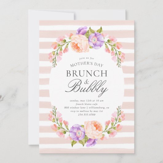 Blush Stripe en Bloom Moederdag Brunch Kaart (Voorkant)