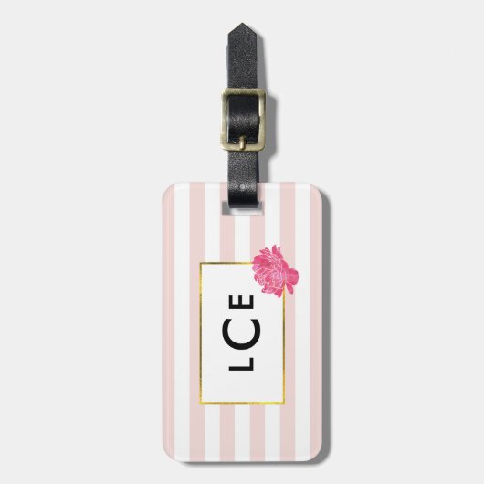 Blush Stripe & Pink Peony Monogram Bagagelabel (Voorkant verticaal)