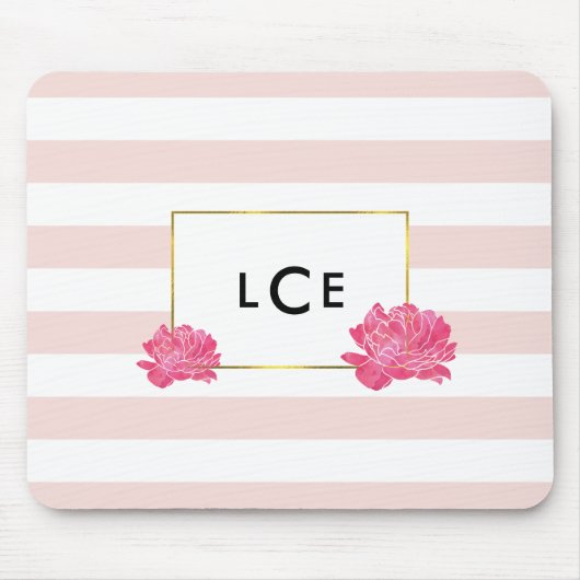 Blush Stripe & Pink Peony Monogram Mousepad Muismat (Voorkant)