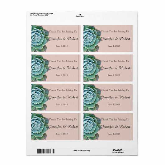 Blush Succulent Bruiloft Water Fles Label (Full Sheet)