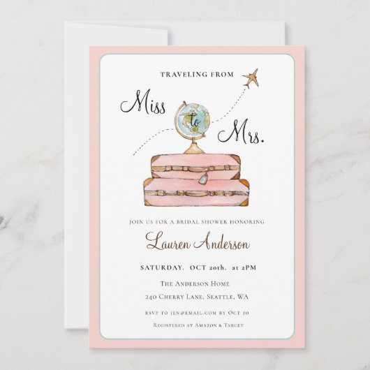 Blush Suitcases Reizen van Miss naar Mrs Kaart (Voorkant)