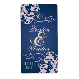 Blush Swirl Roos Gold Jeweled Blue Wine Label