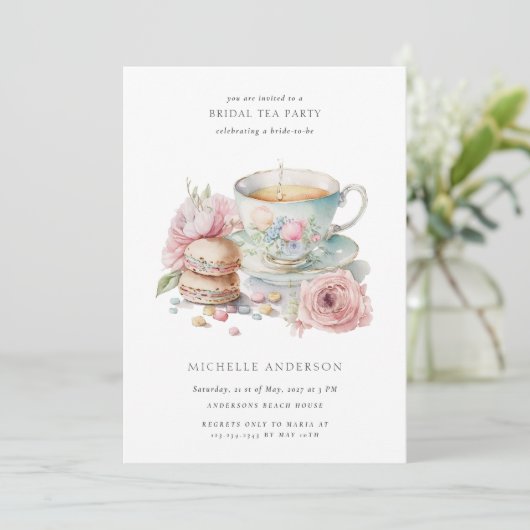 Blush Tea Cup Macarons QR Code Vrijgezellenfeest Kaart (Staand voorkant)