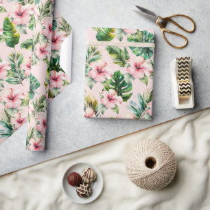 Blush tropische bladeren roze hibiscus bloemen cadeaupapier