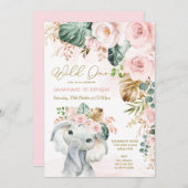 Blush Tropische Floral Elephant 1e verjaardag Kaart (Voorkant / Achterkant)