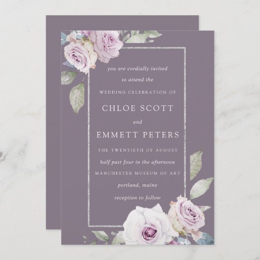 Blush violet Rose Floral Silver Faire-part de mari (Devant / Derrière)