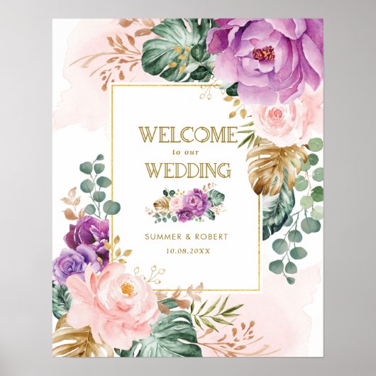 Blush Violet Tropical Floral Greenery Wedding Poster (Voorkant)
