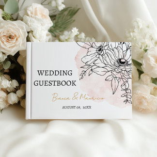 Blush Watercolor & Black Floral Elegant Wedding Gastenboek