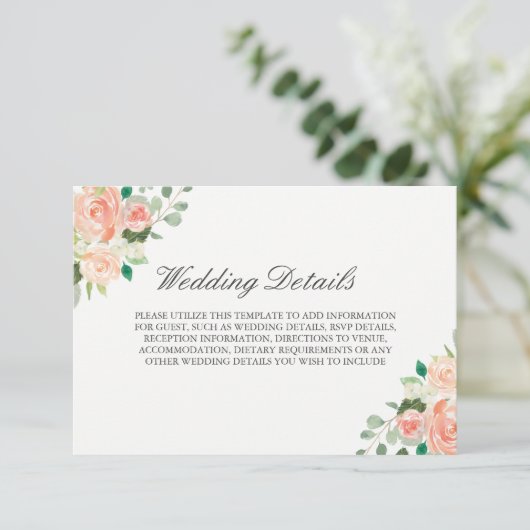 Blush Waterverf Bloemen Bruiloft Receptie Details Informatiekaartje (Staand voorkant)