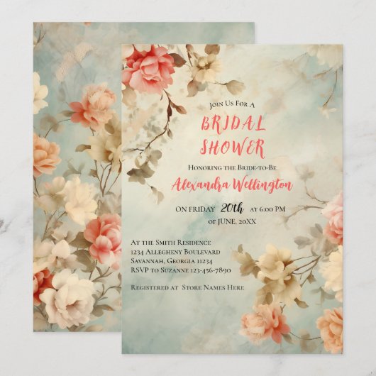 Blush Waterverf Floral Bridal Shower Uitnodiging (Voorkant / Achterkant)