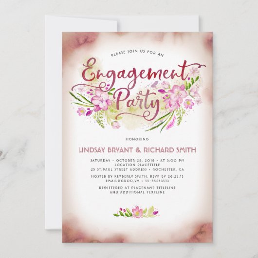 Blush Waterverf Floral Script Engagement Party Kaart (Voorkant)