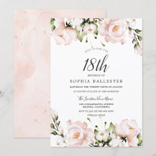 Blush Waterverf Flowers 18th Birthday Party Kaart