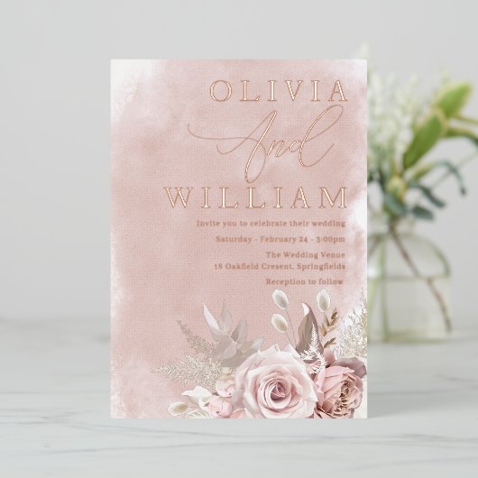 Blush Waterverf Roze gouden bruiloft Folie Uitnodiging (Staand Voorkant)
