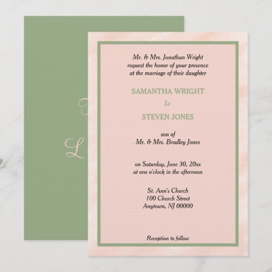 Blush Waterverf Sage Green Wedding Invitation Kaart (Voorkant / Achterkant)