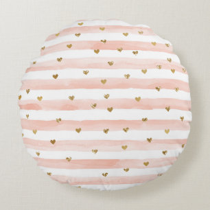 Blush Waterverf Stripes Gold Glitter Hearts Rond Kussen
