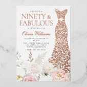 Blush & White 90e verjaardagsfeestje Echt Roos Gou Folie Uitnodiging (Voorkant)