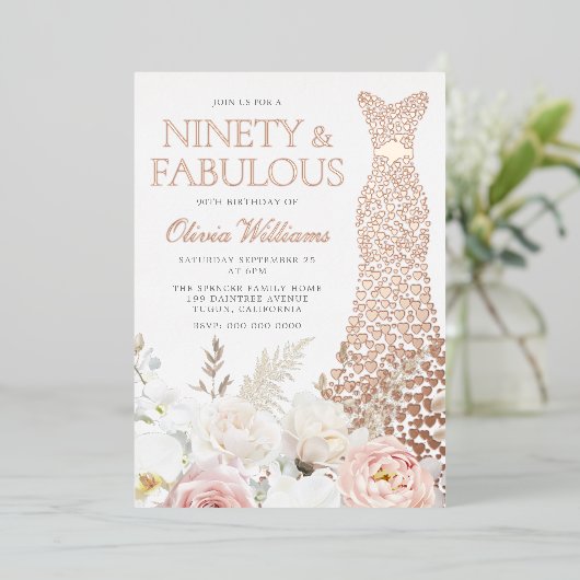 Blush & White 90e verjaardagsfeestje Echt Roos Gou Folie Uitnodiging (Staand Voorkant)