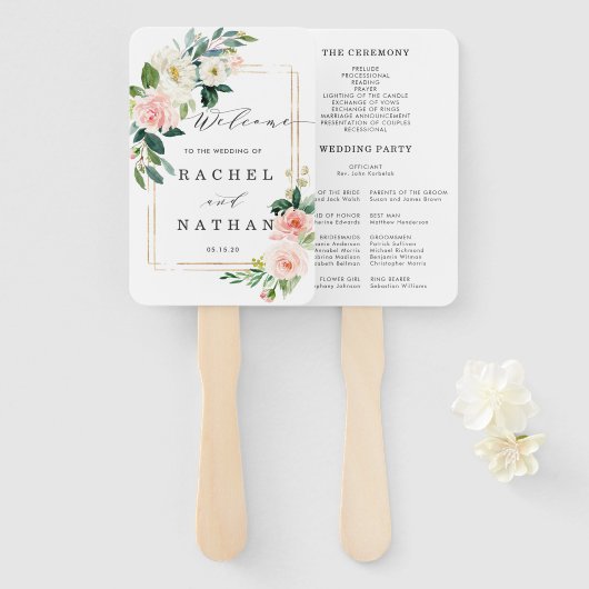 Blush White Bloom Bloemen Bruiloft Programma Handwaaier (Voorkant en achterkant)