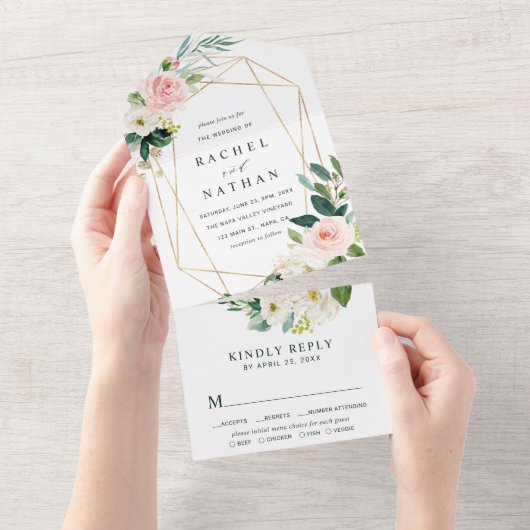 Blush White Bloom Gold Geometric Lijst Weddenschap All In One Uitnodiging (Afscheurbaar)