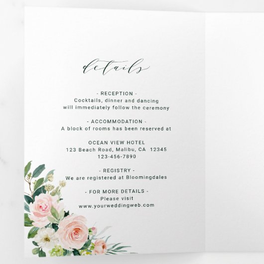 Blush White Bloom Gold Geometric Lijst Weddenschap Drieluik Uitnodiging (Binnenzijde eerst)