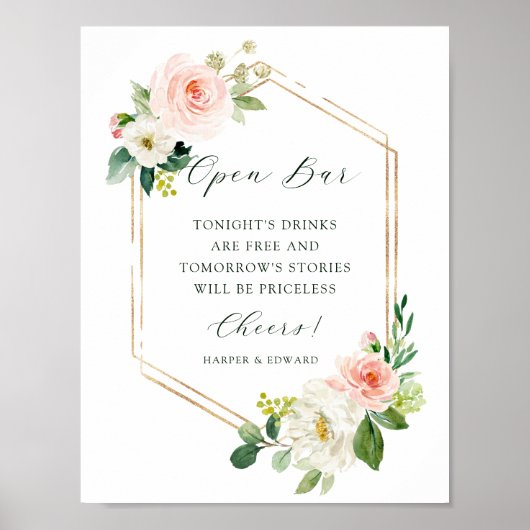 Blush White Bloom Gold Hexagon Lijst Open Bar Poster (Voorkant)