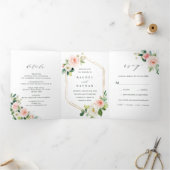 Blush White Bloom Gold Hexagon Lijst Weddenschap Drieluik Uitnodiging (Binnen)