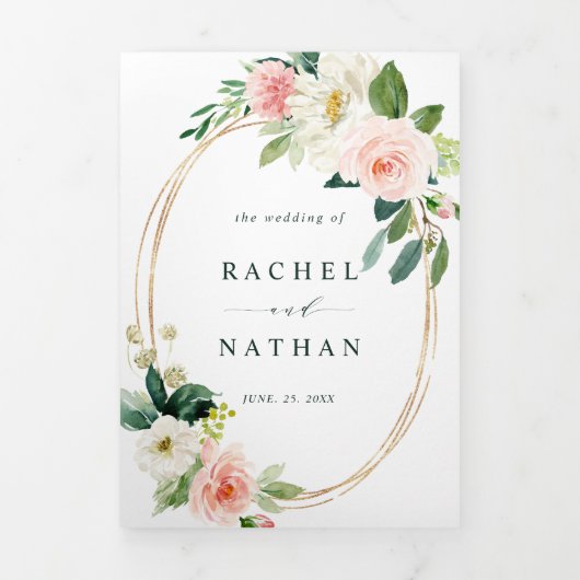 Blush White Bloom Gold Oval Lijst Weddenschap Drieluik Uitnodiging (Cover)
