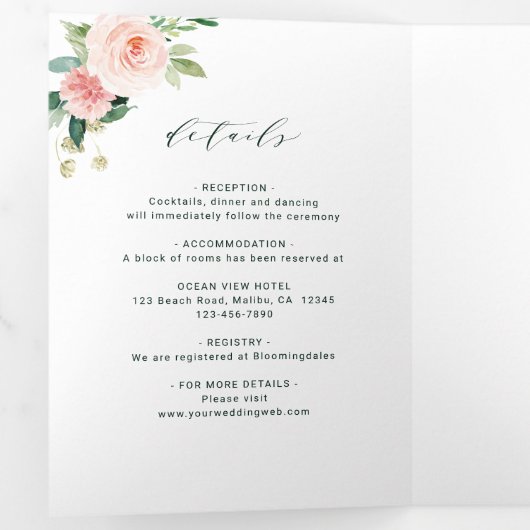 Blush White Bloom Gold Oval Lijst Weddenschap Drieluik Uitnodiging (Binnenzijde eerst)