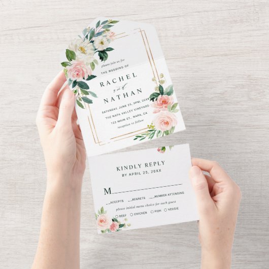 Blush White Bloom Gold Rectangle Lijst Weddenschap All In One Uitnodiging (Afscheurbaar)
