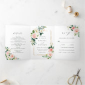 Blush White Bloom Gold Rectangle Lijst Weddenschap Drieluik Uitnodiging (Binnen)