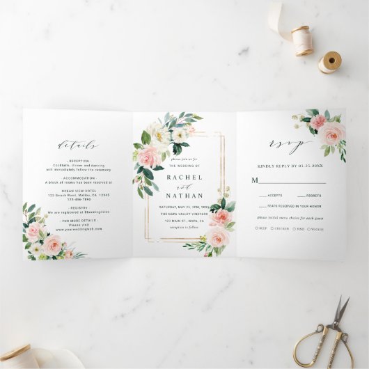 Blush White Bloom Gold Rectangle Lijst Weddenschap Drieluik Uitnodiging (Binnen)