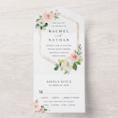 Blush White Bloom Hexagon Gold Lijst Weddenschap All In One Uitnodiging (Binnen)