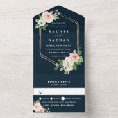 Blush White Bloom Navy Blue Gold Hexagon Weddensch All In One Uitnodiging (Binnen)