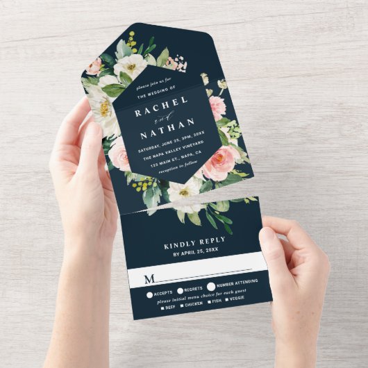 Blush White Bloom Navy Blue Hexagon Wedding All In One Uitnodiging (Afscheurbaar)